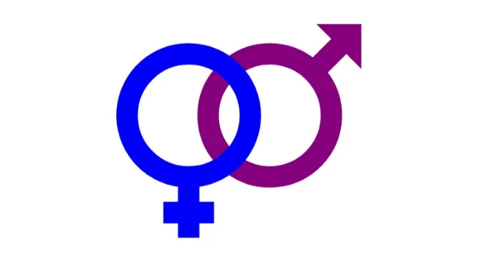 Foto com fundo branco e os símbolos de Vênus e de Marte nas cores azul e roxo.